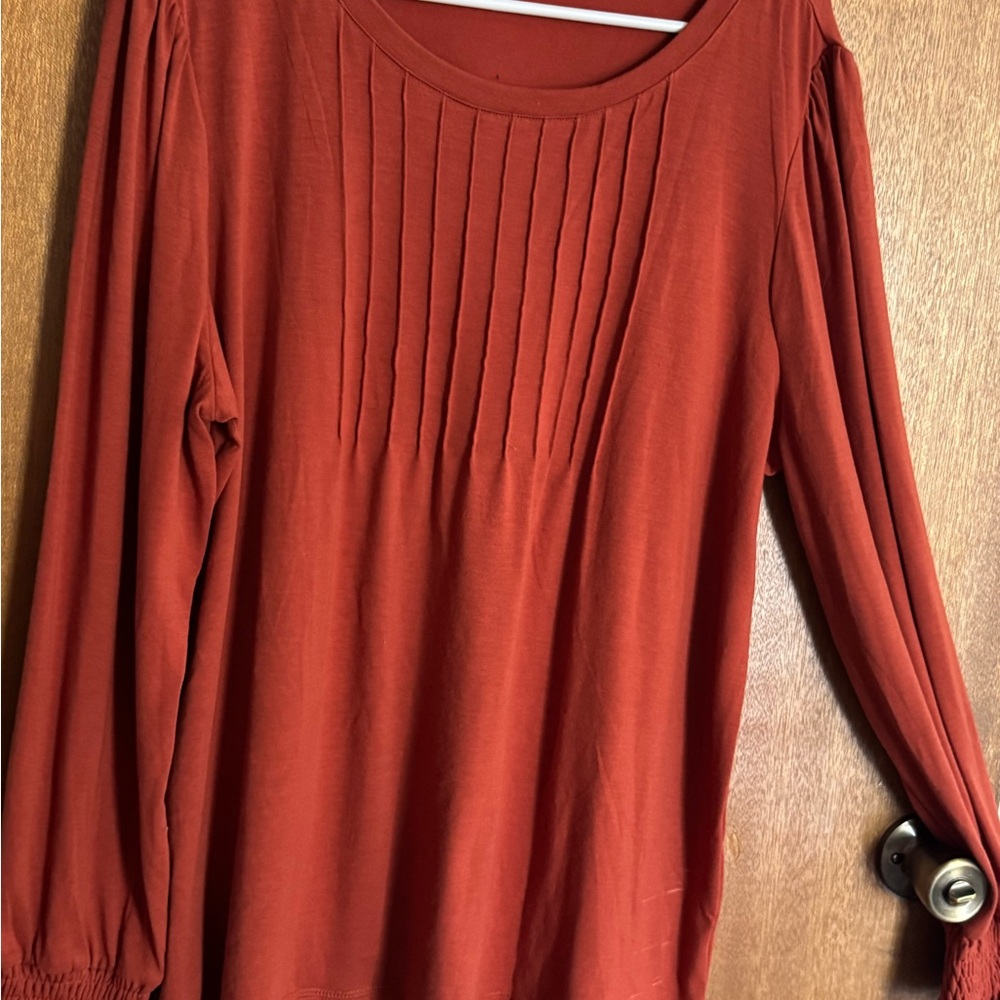 Orange Pleated Long Sleeve Blouse